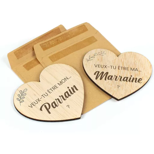 CONTRAXT Keresztszülő Felkérő Ajándék - Fa Szív Kártya Szett Borítékkal - Egyedi Keresztelő vagy Esküvői Tanú Felkérés - Kézműves Minőség