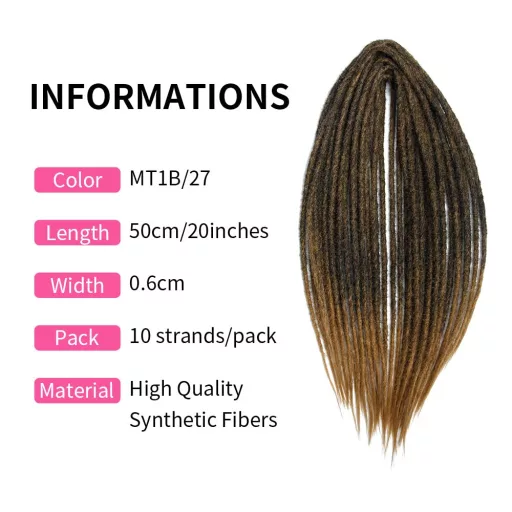 Dsoar Extensii de păr dreadlock subțiri, sintetice, 50 cm, 10 șuvițe, împletitură croșetată