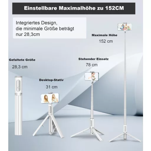 TONEOF 152cm-es Fehér Alumínium Szelfibot Állvány iPhone és Android Telefonokhoz, Vezeték Nélküli Távirányítóval - 173cm, Beige Grey