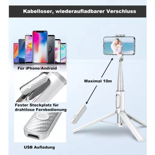 TONEOF 152cm-es Fehér Alumínium Szelfibot Állvány iPhone és Android Telefonokhoz, Vezeték Nélküli Távirányítóval - 173cm, Beige Grey