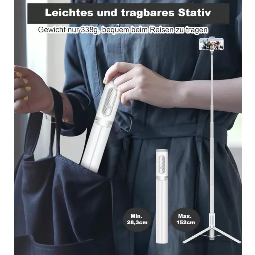 TONEOF 152cm-es Fehér Alumínium Szelfibot Állvány iPhone és Android Telefonokhoz, Vezeték Nélküli Távirányítóval - 173cm, Beige Grey