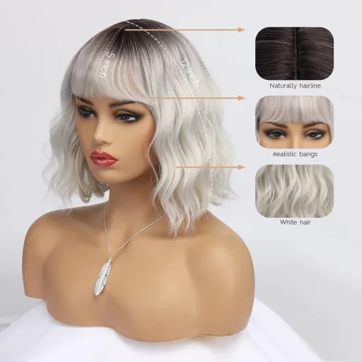 BESTUNG Perucă Scurtă Blond Argintiu pentru Femei - Stil Bob cu Rădăcini Întunecate, Păr Sintetic Rezistent la Căldură, Aspect Natural, Potrivită pentru Petreceri și Cosplay