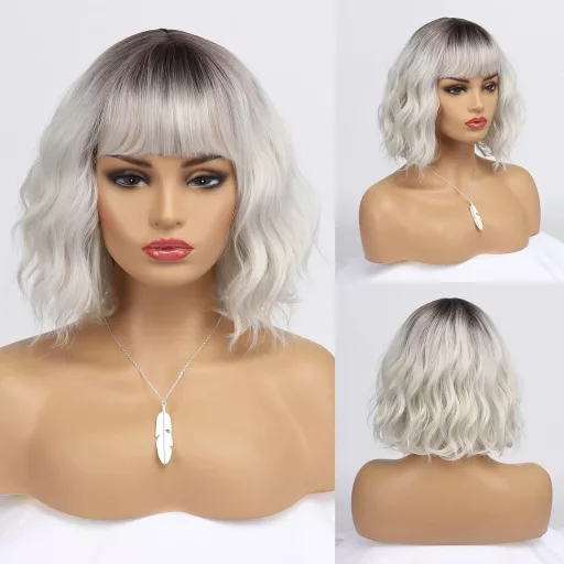 BESTUNG Perucă Scurtă Blond Argintiu pentru Femei - Stil Bob cu Rădăcini Întunecate, Păr Sintetic Rezistent la Căldură, Aspect Natural, Potrivită pentru Petreceri și Cosplay