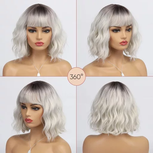 BESTUNG Perucă Scurtă Blond Argintiu pentru Femei - Stil Bob cu Rădăcini Întunecate, Păr Sintetic Rezistent la Căldură, Aspect Natural, Potrivită pentru Petreceri și Cosplay