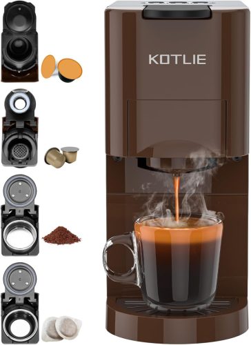 KOTLIE 4 az 1-ben Eszpresszó Kávéfőző, 19 Bar, NES/DG/Őrölt/ESE Kapszulákhoz, Kompakt Kivitel, Automatikus Kikapcsolás, Barna