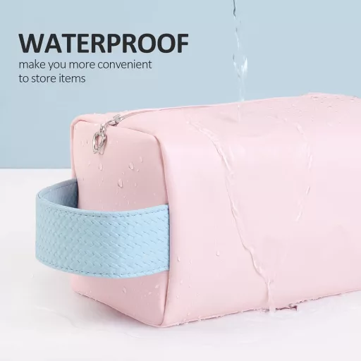 Ružový vodeodolný kožený kozmetický kufrík MAGEFY pre ženy, do kabelky