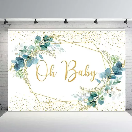 MEHOFOND 240x180 cm Zöld Leveles Fotóháttér Arany Pöttyökkel - Baba Fotózás, Születésnap, Baby Shower Dekoráció, Torta Fotózás