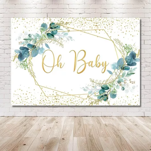 MEHOFOND 240x180 cm Zöld Leveles Fotóháttér Arany Pöttyökkel - Baba Fotózás, Születésnap, Baby Shower Dekoráció, Torta Fotózás