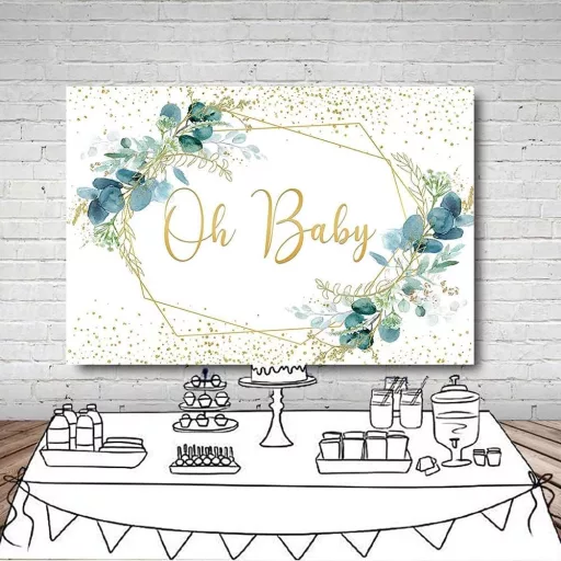 MEHOFOND 240x180 cm Zöld Leveles Fotóháttér Arany Pöttyökkel - Baba Fotózás, Születésnap, Baby Shower Dekoráció, Torta Fotózás
