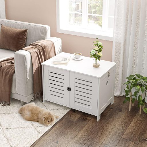 HOOBRO Velencei Stílusú Fa Macska WC Bútor, Cica Alakú Bejárattal, Fehér, 60 x 45 x 50 cm, Beltéri Alomtakaró Szekrény