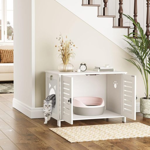 HOOBRO Velencei Stílusú Fa Macska WC Bútor, Cica Alakú Bejárattal, Fehér, 60 x 45 x 50 cm, Beltéri Alomtakaró Szekrény