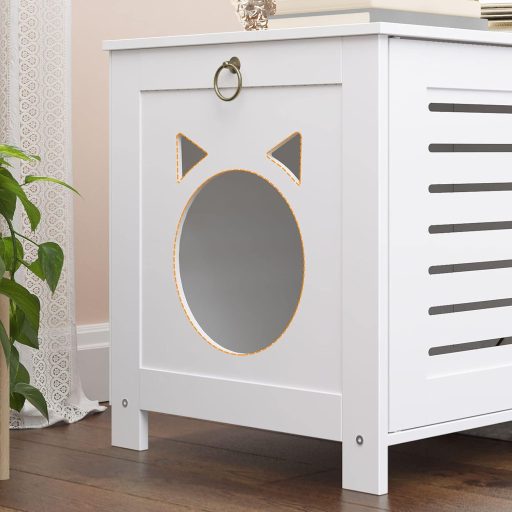 HOOBRO Velencei Stílusú Fa Macska WC Bútor, Cica Alakú Bejárattal, Fehér, 60 x 45 x 50 cm, Beltéri Alomtakaró Szekrény