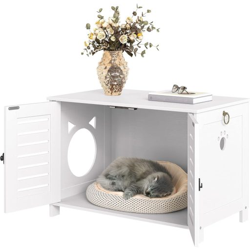 HOOBRO Velencei Stílusú Fa Macska WC Bútor, Cica Alakú Bejárattal, Fehér, 60 x 45 x 50 cm, Beltéri Alomtakaró Szekrény