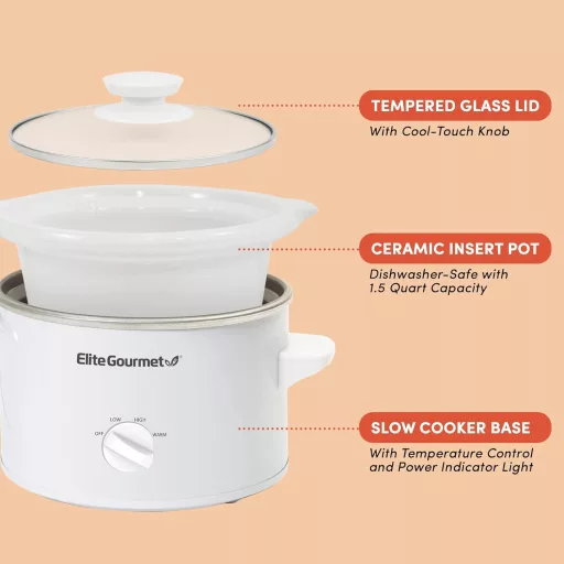 Elite Gourmet Kerámia Lassú Főzőedény 1,7L Fehér Szabályozható Hőmérséklettel