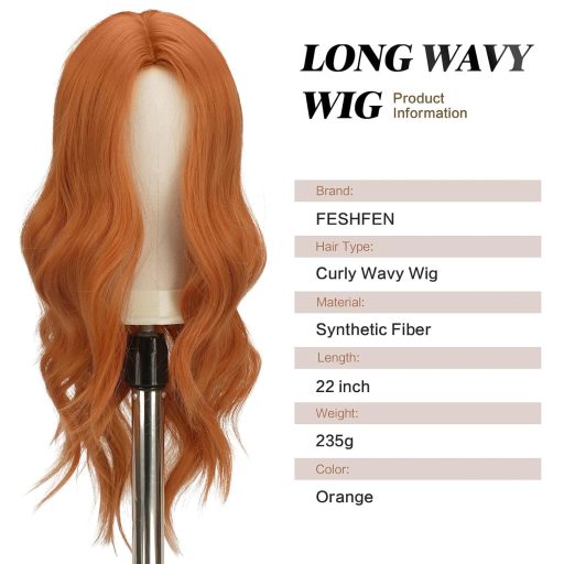 FESHFEN Hosszú Göndör Narancssárga Paróka 60cm Középválasztékkal Női Szintetikus Hullám