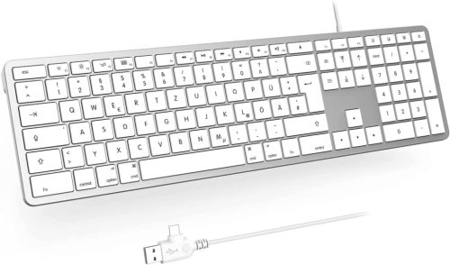 Tastatură Mac cu fir seenda, cu cablu și port Type C/USB, layout german QWERTZ, exclusiv pentru sisteme Mac OS/iOS, argintiu-alb.