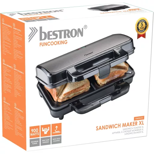 Aparat de sandvișuri Bestron XL pentru 2 sandvișuri, 900W, gri titan, control automat al temperaturii