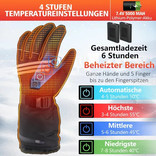 LOTTBUTY Mănuși Încălzite Bărbați Femei Unisex 7.4V 5000mAh cu Baterie 4 Nivele Temperatură Impermeabile Iarnă Motociclism Ciclism Schi