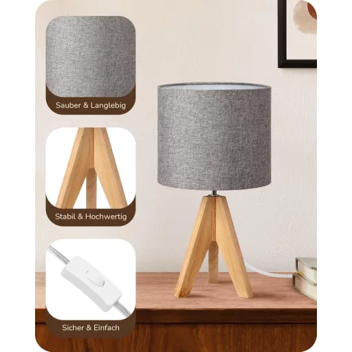 EDISHINE Fa Állólámpa Szett - Szürke Lenvászon Ernyővel, E27 Foglalattal, Hálószobába, Nappaliba