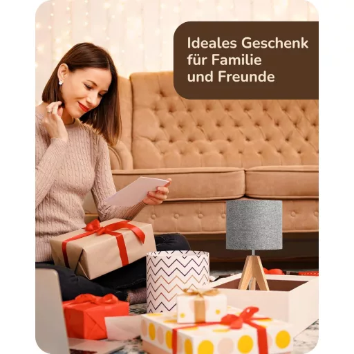 EDISHINE Fa Állólámpa Szett - Szürke Lenvászon Ernyővel, E27 Foglalattal, Hálószobába, Nappaliba