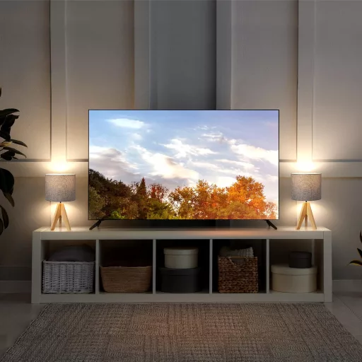 EDISHINE Drevená stojacia lampa - Sivé ľanové tienidlo, objímka E27, do spálne, obývačky