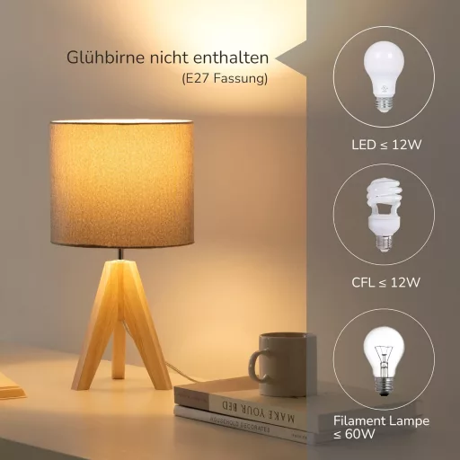 EDISHINE Drevená stojacia lampa - Sivé ľanové tienidlo, objímka E27, do spálne, obývačky