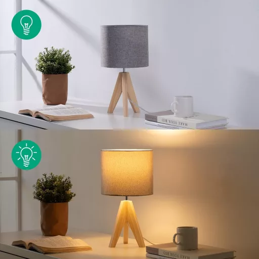 EDISHINE Drevená stojacia lampa - Sivé ľanové tienidlo, objímka E27, do spálne, obývačky