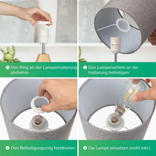 EDISHINE Drevená stojacia lampa - Sivé ľanové tienidlo, objímka E27, do spálne, obývačky