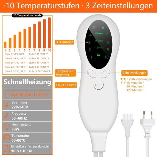 Biutee elektromos lábmelegítő 10 fokozatú termosztáttal, 3 időzítővel, mosható huzattal