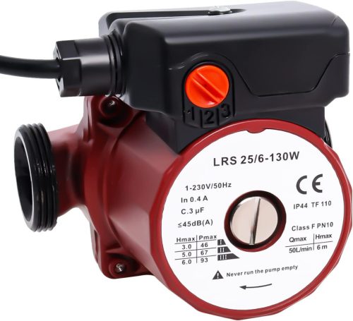 Poweka LRS25/6-130 Keringető Szivattyú, 46/67/93W, 6m Emelőmagasság, Fűtésrendszerhez, Padlófűtéshez, Napkollektorhoz, Rozsdamentes Acél, 23