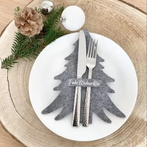 MKISHINE Suport pentru tacâmuri de Crăciun, pâslă, brad de Crăciun, decor de masă, cadou