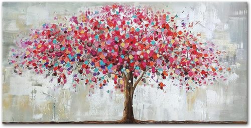 Tablou pictat manual în acrilice/ulei pe pânză, cu Copac Mare Roșu, decor pentru living, 100x200cm, fără ramă