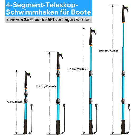 KOMCLUB Teleszkópos Csáklya 2m - Könnyű Alumínium Hajóhorog Csúszásmentes Guminyéllel, Világító Gyöngyökkel - Kikötéshez, Horgászathoz
