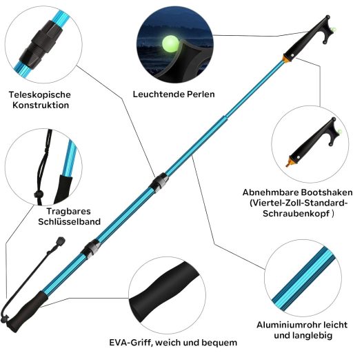 KOMCLUB Teleszkópos Csáklya 2m - Könnyű Alumínium Hajóhorog Csúszásmentes Guminyéllel, Világító Gyöngyökkel - Kikötéshez, Horgászathoz
