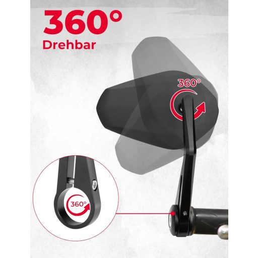 Oglinzi pentru capăt de ghidon motocicletă KEMIMOTO, set 2 bucăți, oglinzi retrovizoare rotative la 360°, pentru ghidon de 22 mm