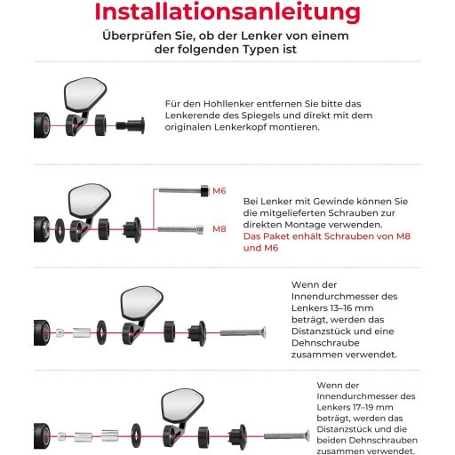 Oglinzi pentru capăt de ghidon motocicletă KEMIMOTO, set 2 bucăți, oglinzi retrovizoare rotative la 360°, pentru ghidon de 22 mm