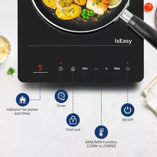 IsEasy Indukciós Főzőlap 2100W - Hordozható Egyzónás Elektromos Tűzhely 28cm, Gyerekzárral, 9 Hőfokozattal és 8 Órás Időzítővel, Fekete