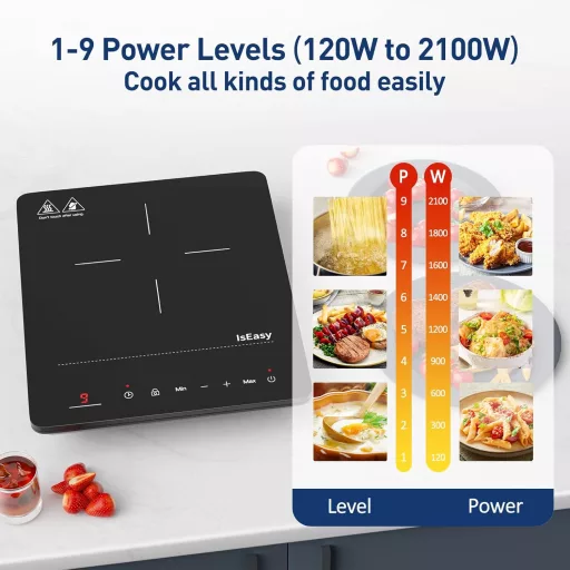 IsEasy Indukčná varná doska 2100W - Prenosný jednostranný elektrický sporák 28cm, s detskou poistkou, 9 stupňami ohrevu a 8-hodinovým časovačom, čierna