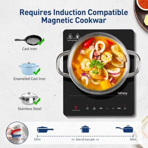 IsEasy Indukčná varná doska 2100W - Prenosný jednostranný elektrický sporák 28cm, s detskou poistkou, 9 stupňami ohrevu a 8-hodinovým časovačom, čierna