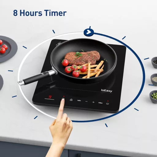 IsEasy Indukčná varná doska 2100W - Prenosný jednostranný elektrický sporák 28cm, s detskou poistkou, 9 stupňami ohrevu a 8-hodinovým časovačom, čierna