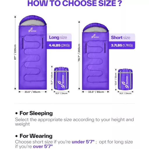 Sac de dormit Sportneer pentru 3-4 sezoane, 220x85cm, cu curea de compresie, pentru camping și călătorii