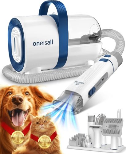 oneisall Mașină de tuns câini cu aspirator integrat - Putere de aspirare 12000 Pa, Absorbție păr 99,99%, Funcționare silențioasă, 7 instrumente de îngrijire pentru câini și pisici