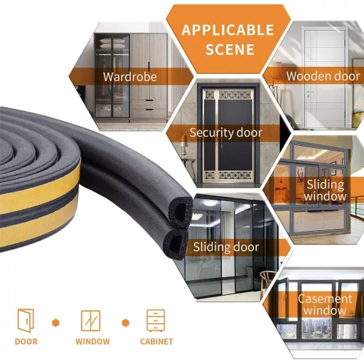 Bandă de etanșare autoadezivă din spumă de cauciuc pentru uși și ferestre UPSEN, izolare fonică, negru