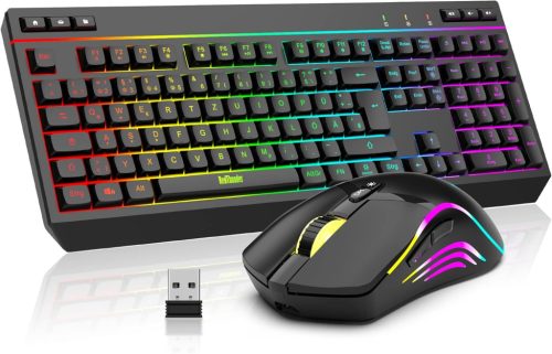 Set Tastatură și Mouse Wireless pentru Gaming RedThunder K20, Iluminare de Fundal RGB, QWERTZ, 4800DPI, Reîncărcabil, Compatibil PC/Mac