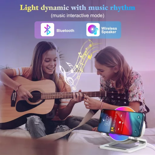 Bluetooth reproduktor JAHAO s nočným svetlom a bezdrôtovou nabíjačkou, 5 režimov svietenia