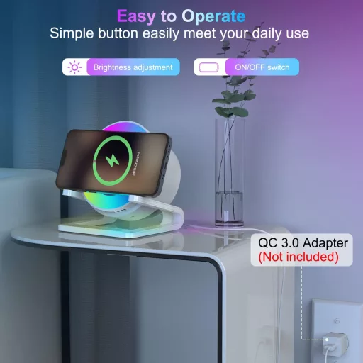 JAHAO Bluetooth hangszóró éjszakai lámpa vezeték nélküli töltővel, 5 fénymód