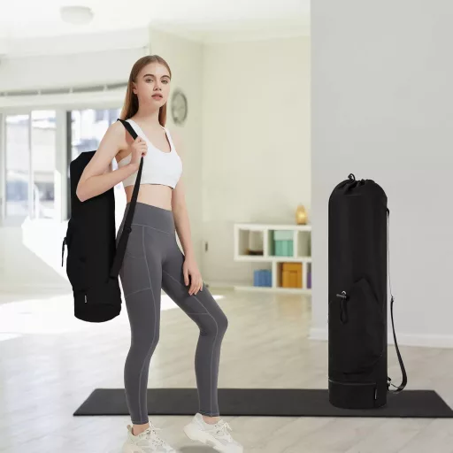 Geantă de Yoga Sportsnew Impermeabilă cu Compartiment - Curea de Umăr Ajustabilă, Suport pentru Sticlă, Capacitate 30L, Geantă de Antrenament Neagră pentru Saltea de Yoga și Pilates