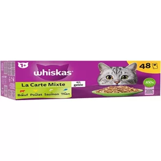   WHISKAS Meal 48 db Friss Tasak Vegyes Válogatás Felnőtt Macskaeledel Zselében - 4.08 kg (Pack of 1), The Mixed Card