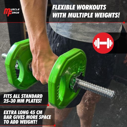 MuscleForge Jednoručná tyč na činky 45 cm - so skrutkovacím uzáverom, kompatibilná s 25 mm kotúčmi, vrúbkovaná oceľová rukoväť, nosnosť 250 kg, na domáce cvičenie