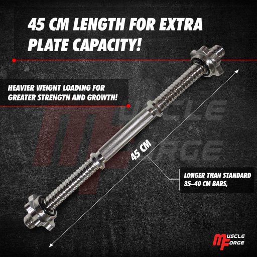MuscleForge Jednoručná tyč na činky 45 cm - so skrutkovacím uzáverom, kompatibilná s 25 mm kotúčmi, vrúbkovaná oceľová rukoväť, nosnosť 250 kg, na domáce cvičenie
